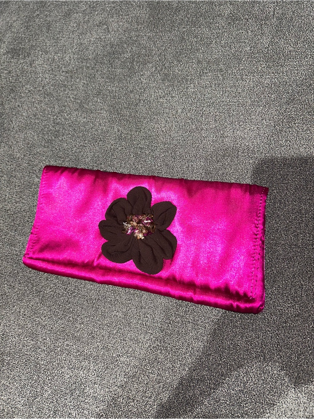 Vintage Fuchsia Satin Floral Clutch Bag With Brown Flower Decal